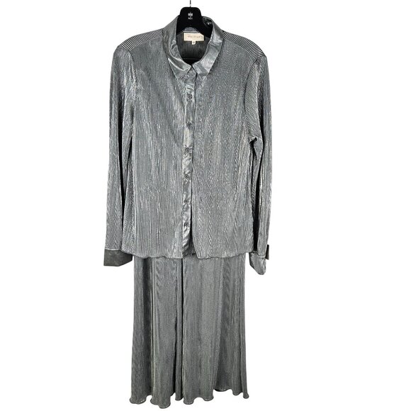 Melloday Pleated Silver Two-Piece Set Large Button-Up Top & Pants - Picture 1 of 14